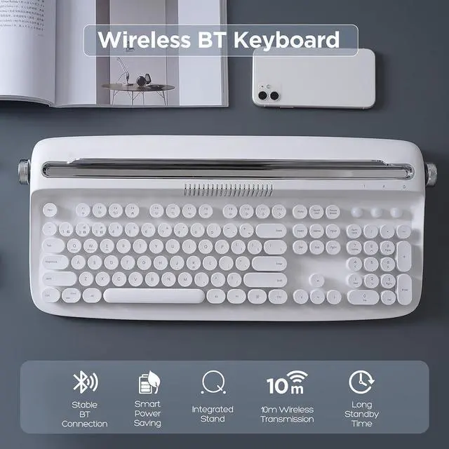 Alt view image 2 of 7 - 104 Keys Wireless Typewriter Keyboard, Retro Bluetooth Aesthetic Keyboard with Integrated Stand for Multi-Device - Snow White