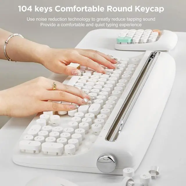 Alt view image 4 of 7 - 104 Keys Wireless Typewriter Keyboard, Retro Bluetooth Aesthetic Keyboard with Integrated Stand for Multi-Device - Snow White