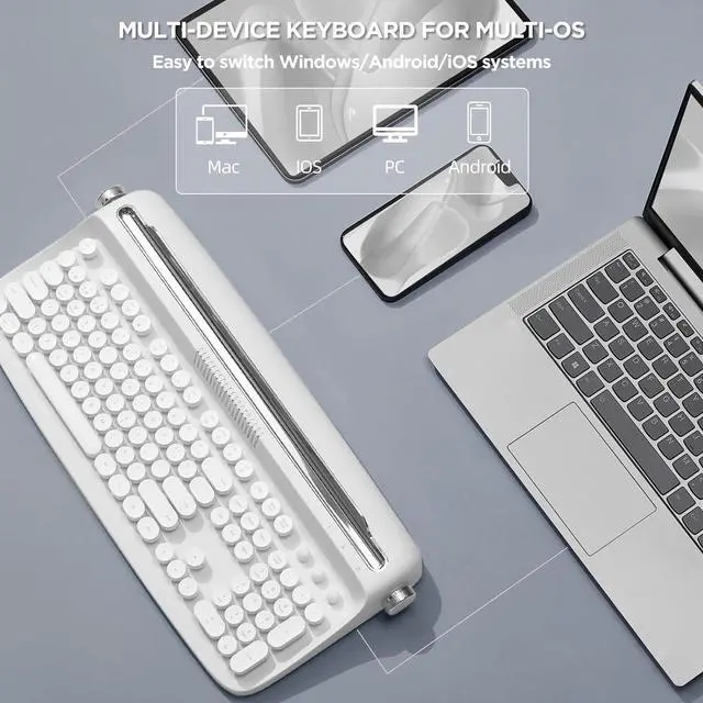 Alt view image 3 of 7 - 104 Keys Wireless Typewriter Keyboard, Retro Bluetooth Aesthetic Keyboard with Integrated Stand for Multi-Device - Snow White