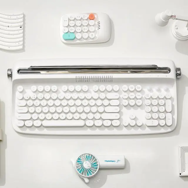 Alt view image 7 of 7 - 104 Keys Wireless Typewriter Keyboard, Retro Bluetooth Aesthetic Keyboard with Integrated Stand for Multi-Device - Snow White