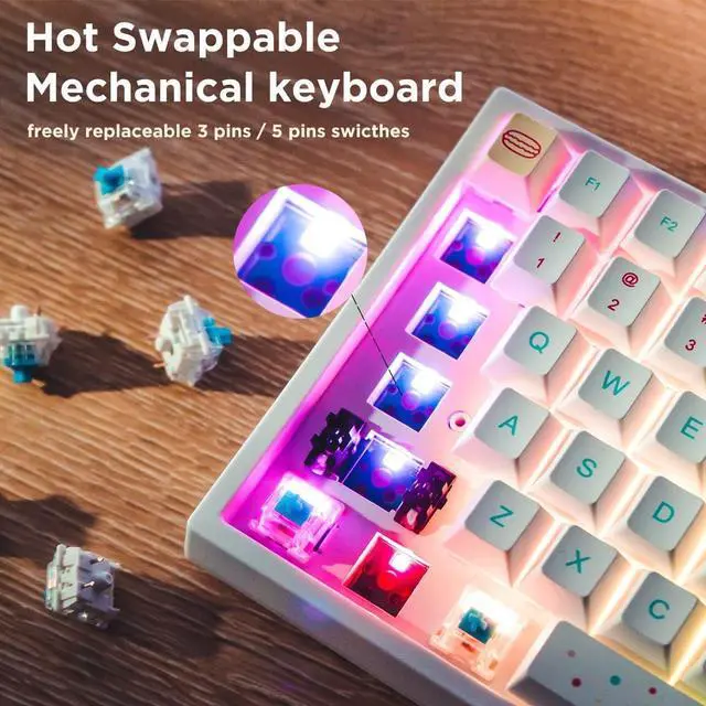 Alt view image 3 of 3 - Macaron Theme 84-Key RGB Hotswap 2.4Ghz/Bluetooth 5.0/USB-C Wireless Mechanical Gaming Keyboard with PBT Dye-subbed Keycaps for Mac/Win/Gamers (Gateron PRO Red Switch)