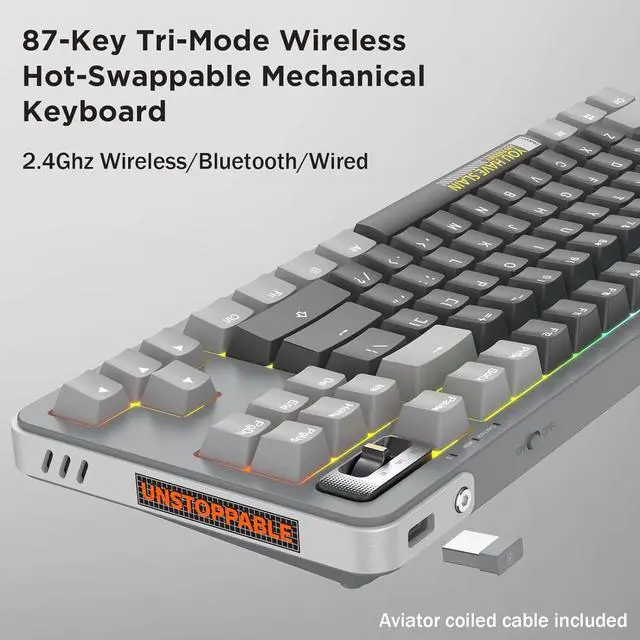 Alt view image 6 of 6 - 87 Keys TKL Hot Swappable Wireless Mechanical Keyboard with Metal Knob, RGB Backlight, Double Shot PBT Keycaps for Gamers/Mac/Win (TTC Speed Silver V2,Wanderer Black)