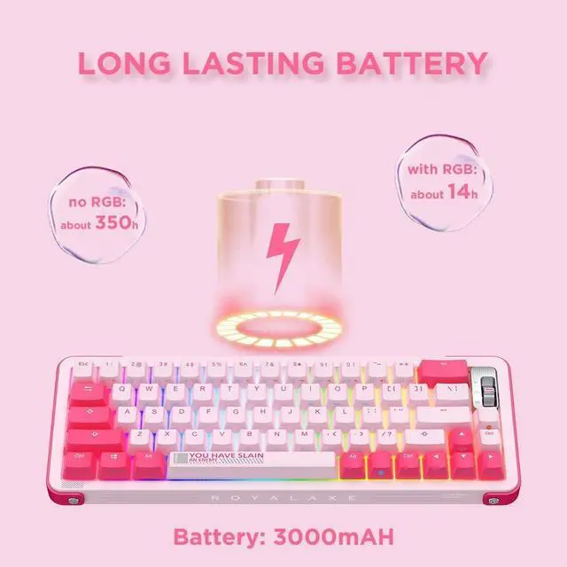 Alt view image 4 of 6 - 68 Keys 65% Hot Swappable Wireless Mechanical Keyboard with RGB Backlight, Double Shot PBT Keycaps for Gamers/Mac/Win (TTC Gold Pink V2, Pinkl)