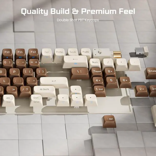 Alt view image 4 of 6 - 98 Keys Wireless Mechanical Keyboard, Hot Swappable Tri-mode Wired/2.4G Wireless/Bluetooth Keyboard with RGB Light for Windows & Mac, PBT Keycaps, TTC Gold Pink V2 Switch, Lava Brown