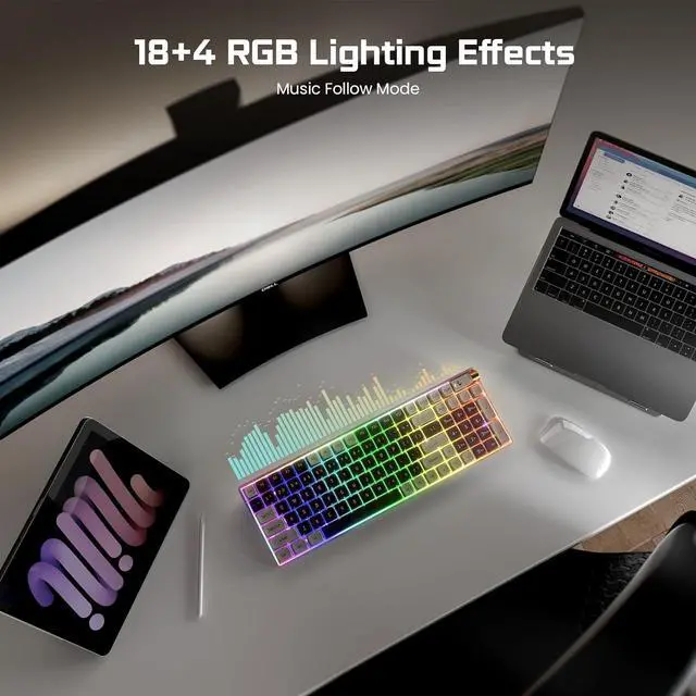 Alt view image 3 of 6 - 98 Keys Wireless Mechanical Keyboard, Hot Swappable Tri-mode Wired/2.4G Wireless/Bluetooth Keyboard with RGB Light for Windows & Mac, PBT Keycaps, TTC Gold Pink V2 Switch, Lava Brown