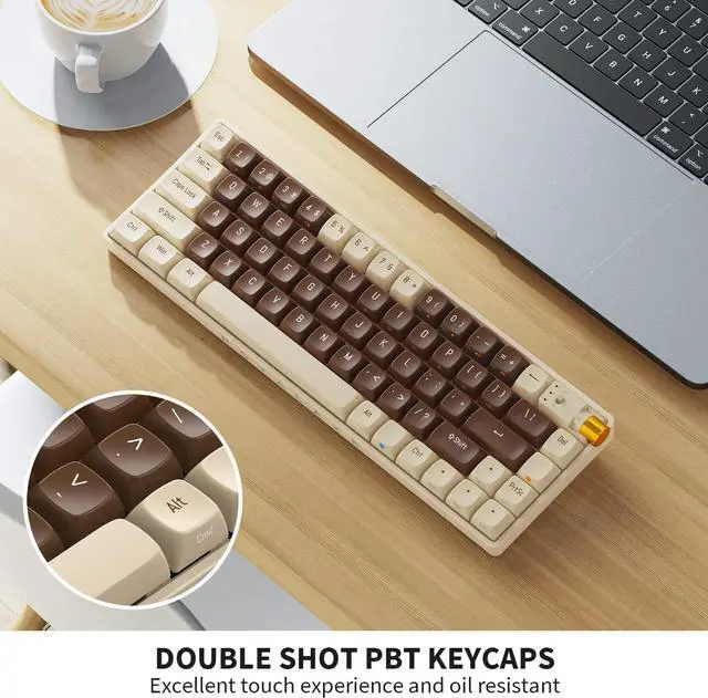 Alt view image 3 of 5 - 67 Keys TKL Mechanical Keyboard, Hot Swappable Wired/Bluetooth 5.0/2.4G Wireless Keyboard with RGB Light for Windows & Mac, PBT Keycaps, TTC Gold Pink V2 Switch, Lava Brown