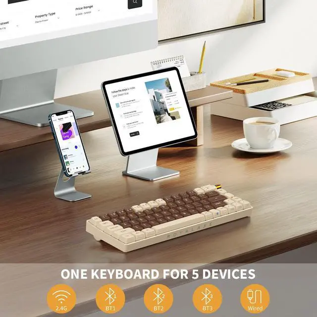 Alt view image 2 of 5 - 67 Keys TKL Mechanical Keyboard, Hot Swappable Wired/Bluetooth 5.0/2.4G Wireless Keyboard with RGB Light for Windows & Mac, PBT Keycaps, TTC Gold Pink V2 Switch, Lava Brown