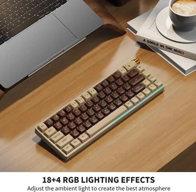Alt view image 5 of 5 - 67 Keys TKL Mechanical Keyboard, Hot Swappable Wired/Bluetooth 5.0/2.4G Wireless Keyboard with RGB Light for Windows & Mac, PBT Keycaps, TTC Gold Pink V2 Switch, Lava Brown