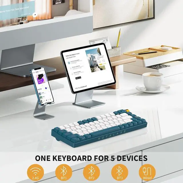 Alt view image 2 of 6 - 67 Keys TKL Mechanical Keyboard, Hot Swappable Wired/Bluetooth 5.0/2.4G Wireless Keyboard with RGB Light for Windows & Mac, PBT Keycaps, TTC Gold Pink V2 Switch, Whale Blue