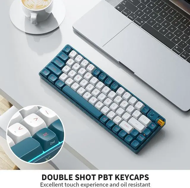 Alt view image 3 of 6 - 67 Keys TKL Mechanical Keyboard, Hot Swappable Wired/Bluetooth 5.0/2.4G Wireless Keyboard with RGB Light for Windows & Mac, PBT Keycaps, TTC Gold Pink V2 Switch, Whale Blue