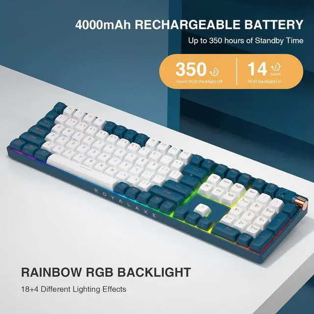 Alt view image 6 of 6 - 108 Keys Wireless Mechanical Keyboard, Hot-swappable Wired/Bluetooth 5.0/2.4G Wireless Keyboard with RGB Light for Windows & Mac, PBT Keycaps, TTC Gold Pink V2 Switch, Whale Blue