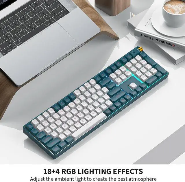 Alt view image 5 of 6 - 108 Keys Wireless Mechanical Keyboard, Hot-swappable Wired/Bluetooth 5.0/2.4G Wireless Keyboard with RGB Light for Windows & Mac, PBT Keycaps, TTC Gold Pink V2 Switch, Whale Blue