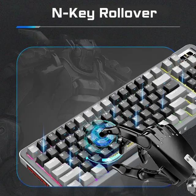 Alt view image 5 of 6 - 98 Keys Wireless RGB Mechanical Gaming Keyboard, Tri-Mode Wired/Bluetooth 5.0/2.4G Wireless Keyboard with Coiled Aviator Cable, PBT Keycaps, TTC Gold Pink V2 Switch, Heavy Keyboard - Wanderer Gray