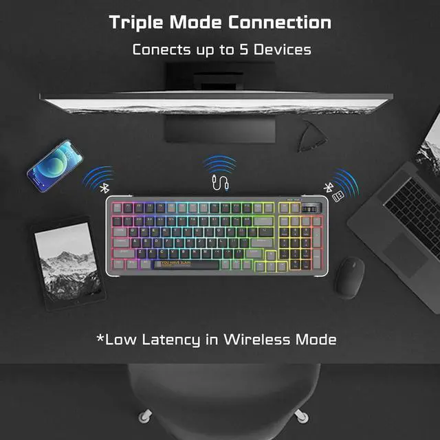 Alt view image 4 of 6 - 98 Keys Wireless RGB Mechanical Gaming Keyboard, Tri-Mode Wired/Bluetooth 5.0/2.4G Wireless Keyboard with Coiled Aviator Cable, PBT Keycaps, TTC Gold Pink V2 Switch, Heavy Keyboard - Wanderer Gray