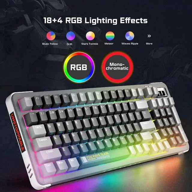 Alt view image 3 of 6 - 98 Keys Wireless RGB Mechanical Gaming Keyboard, Tri-Mode Wired/Bluetooth 5.0/2.4G Wireless Keyboard with Coiled Aviator Cable, PBT Keycaps, TTC Gold Pink V2 Switch, Heavy Keyboard - Wanderer Gray