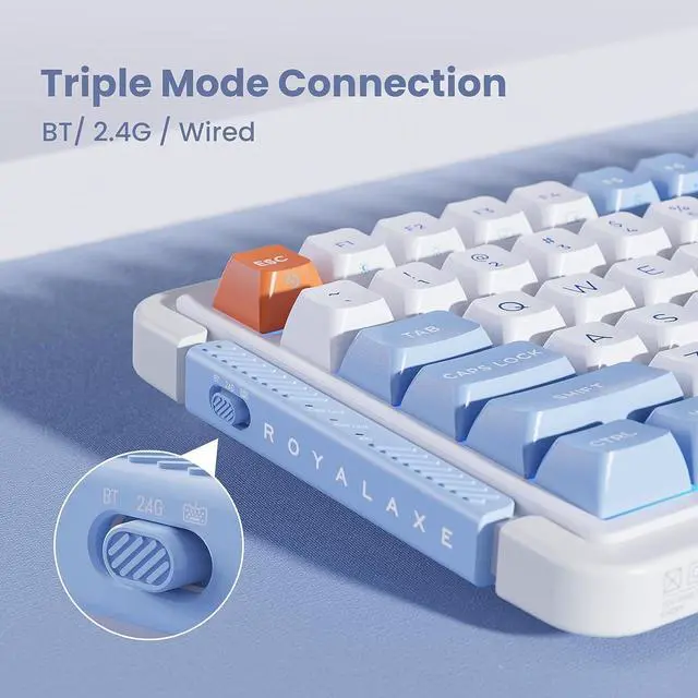 Alt view image 5 of 7 - 98 Keys Wireless Mechanical Keyboard, Hot-swappable Wired/Bluetooth 5.0/2.4G Wireless Keyboard with RGB Backlit for Windows & Mac, PBT Keycaps, TTC The Heart of a Giant Switch , Navy White