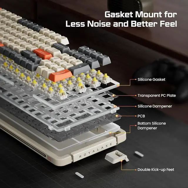 Alt view image 2 of 7 - 98 Keys Wireless Mechanical Keyboard, Hot-swappable Wired/Bluetooth 5.0/2.4G Wireless Keyboard with RGB Backlit for Windows & Mac, PBT Keycaps, TTC The Heart of a Giant Switch , Pebble Yellow