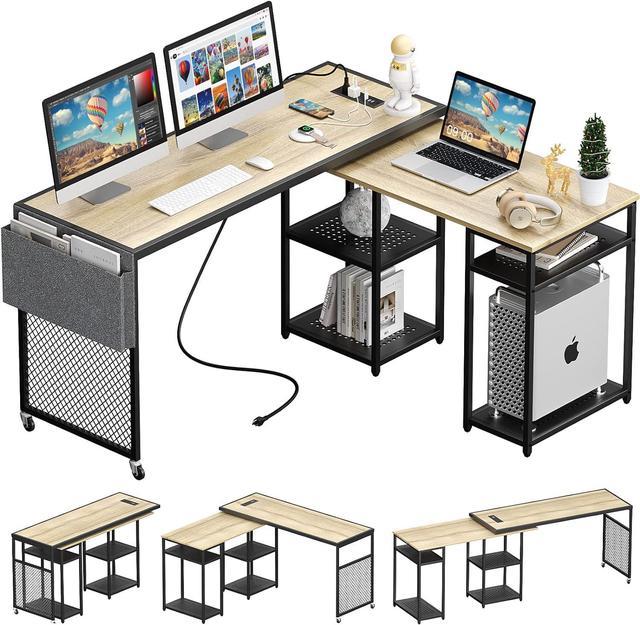 Gaming Desk L Shaped, Small Corner Desk with Storage Shelf & Power