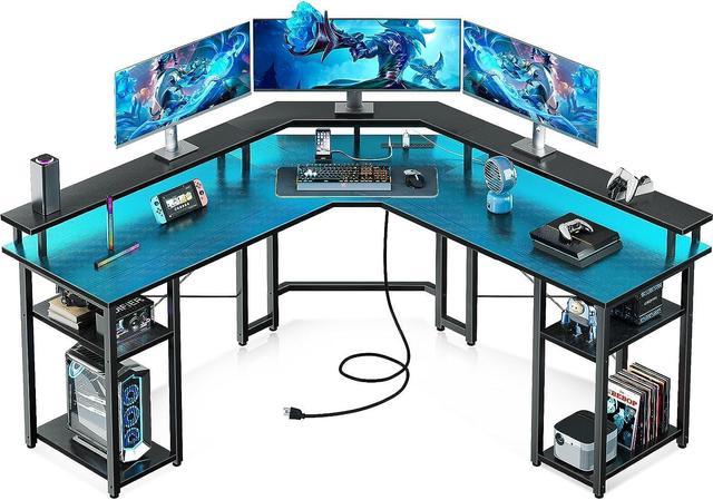 56 L Shaped Gaming Desk with LED Lights & Power Outlets, Reversible  Computer Desk with Full Monitor Stand & Storage Shelves, Ergonomic Home  Office