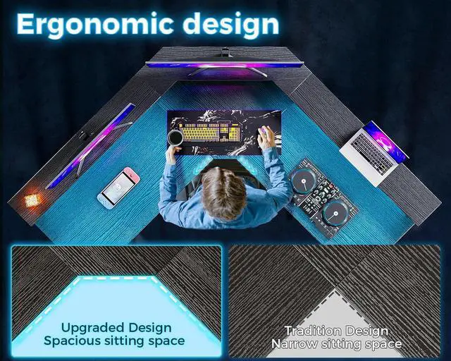 Alt view image 4 of 7 - 56" L Shaped Gaming Desk with LED Lights & Power Outlets, Reversible Computer Desk with Full Monitor Stand & Storage Shelves, Ergonomic Home Office Corner Desk, Black