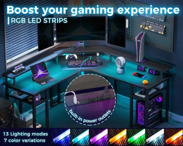 Alt view image 5 of 7 - 56" L Shaped Gaming Desk with LED Lights & Power Outlets, Reversible Computer Desk with Full Monitor Stand & Storage Shelves, Ergonomic Home Office Corner Desk, Black
