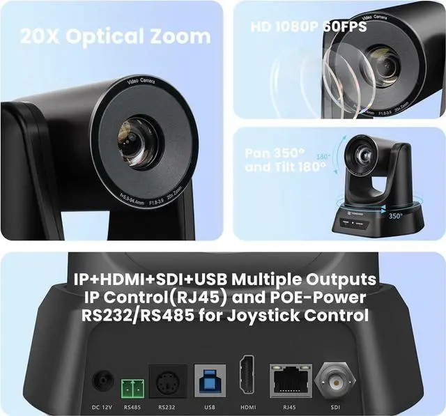 Alt view image 2 of 7 - 20X HDMI PTZ Camera IP Live Streaming SDI USB 1080P 60fps Optical Zoom PoE Supports for Church Services Worship Education Video Conference with OBS vMix Wirecast Zoom Skype and More