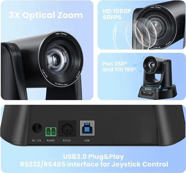 Alt view image 2 of 7 - 3X Optical Zoom PTZ Camera 1080P 60fps USB 3.0 114-Degree Wide-Angle for Video Conference Business Meeting Live Streaming Online Learn with Zoom Skype Teams OBS and More