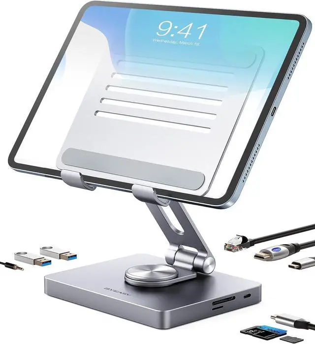 Main image of iPad Stand, Laptop Docking Station, 8 in 1 iPad USB C Hub, Type-C Tablet Stand with HDMI, 3.5mm Jack, LAN, 100W PD Charging, 2*USB 3.0, SD/TF Card Reader, for iPad Pro, MacBook Pro