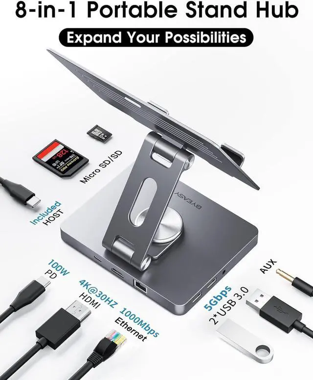 Alt view image 2 of 7 - iPad Stand, Laptop Docking Station, 8 in 1 iPad USB C Hub, Type-C Tablet Stand with HDMI, 3.5mm Jack, LAN, 100W PD Charging, 2*USB 3.0, SD/TF Card Reader, for iPad Pro, MacBook Pro