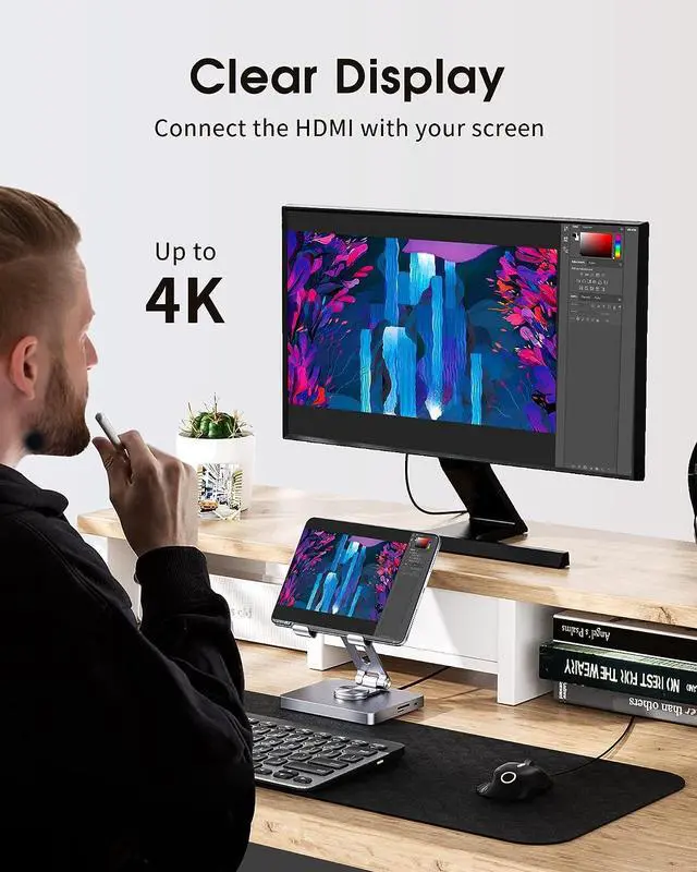 Alt view image 3 of 7 - iPad Stand, Laptop Docking Station, 8 in 1 iPad USB C Hub, Type-C Tablet Stand with HDMI, 3.5mm Jack, LAN, 100W PD Charging, 2*USB 3.0, SD/TF Card Reader, for iPad Pro, MacBook Pro