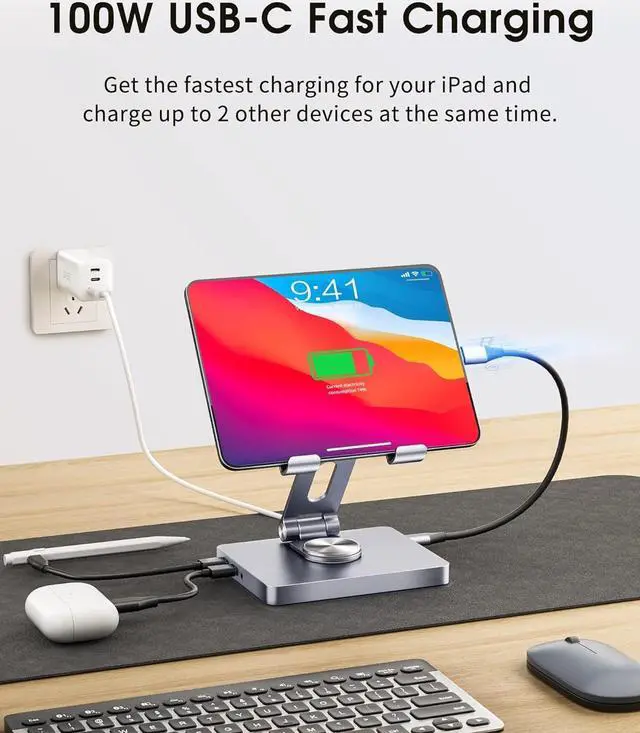 Alt view image 4 of 7 - iPad Stand, Laptop Docking Station, 8 in 1 iPad USB C Hub, Type-C Tablet Stand with HDMI, 3.5mm Jack, LAN, 100W PD Charging, 2*USB 3.0, SD/TF Card Reader, for iPad Pro, MacBook Pro