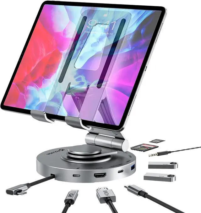 Main image of USB C Hub for Ipad Pro Docking Station, 8-in-1 Rotatable Folding Type-C Tablet Stand with 4k HDMI, USB C 3.0 Data Port, 2*USB A 3.0, 100W PD Charging, 3.5mm Aux for Ipad Pro/Phone 15/Galaxy Tab