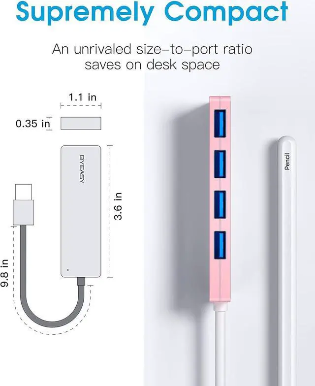 Alt view image 4 of 6 - USB Hub,USB Splitter for Laptop,Multiport USB 3.0 Hub,Multi USB Port Expander,Fast Data Transfer 4 Port USB Hub Compatible with Windows PC, Mac, Printer, Mobile HDD - 0.8ft Pink