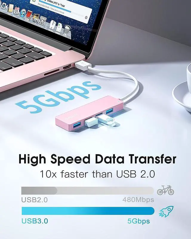 Alt view image 3 of 6 - USB Hub,USB Splitter for Laptop,Multiport USB 3.0 Hub,Multi USB Port Expander,Fast Data Transfer 4 Port USB Hub Compatible with Windows PC, Mac, Printer, Mobile HDD - 0.8ft Pink