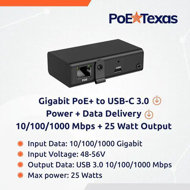 Alt view image 3 of 7 - Gigabit PoE+ (802.3at) to USB-C 3.0 Power + Data Delivery w/ 25 Watt Output - Power over Ethernet Active PoE Adapter to USB-C for iPad Pro 12.9, Surface Go, Galaxy Tab for POS, Kiosks & More