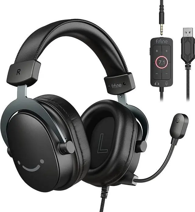 Main image of PC Gaming Headset, USB Headset with 7.1 Surround Sound, Detachable Microphone, Control Box, 3.5mm Headphones Jack, Over-Ear Wired Headset for PS5/PS4/Xbox/Switch, Black-AmpliGame
