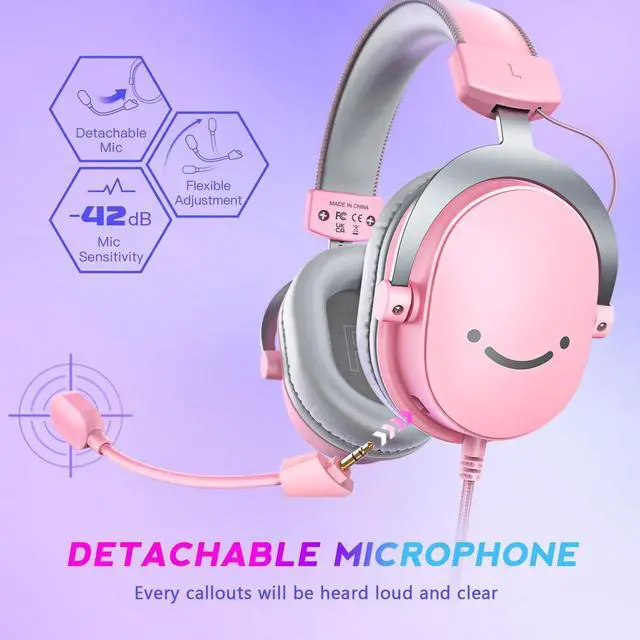 Alt view image 5 of 7 - PC Gaming Headset, USB Headset with 7.1 Surround Sound, Detachable Microphone, Control Box, 3.5mm Headphones Jack, Over-Ear Wired Headset for PS5/PS4/Xbox/Switch, Pink-AmpliGame