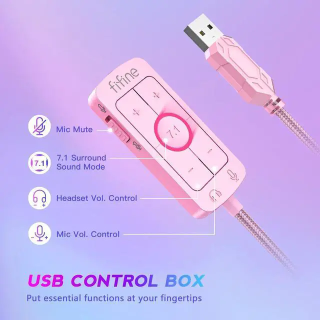 Alt view image 6 of 7 - PC Gaming Headset, USB Headset with 7.1 Surround Sound, Detachable Microphone, Control Box, 3.5mm Headphones Jack, Over-Ear Wired Headset for PS5/PS4/Xbox/Switch, Pink-AmpliGame