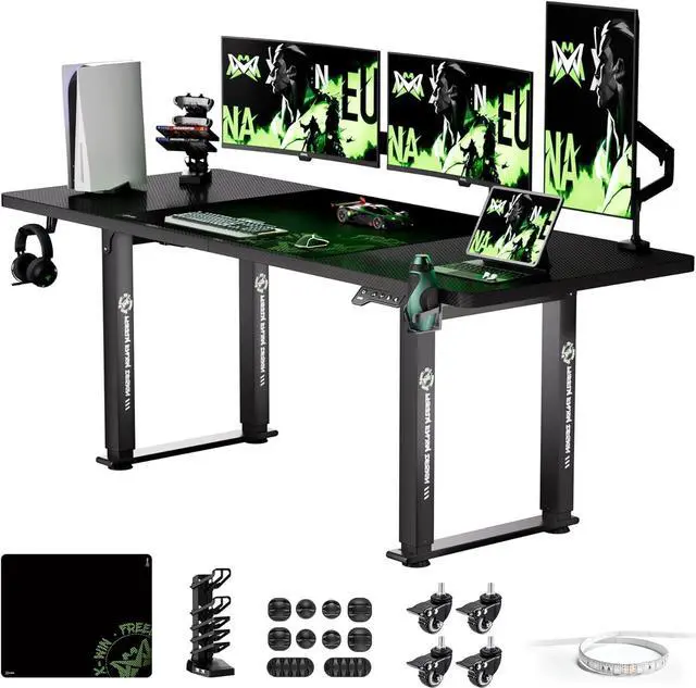 Main image of Electric Height Adjustable Standing Desk, 71" x 31.5" Inch 4-Leg Ergonomic Sit to Stand Desk for Home Office, Powerful Dual Motor Work Desk with Locking Wheels, Carbon Fiber Textured Black