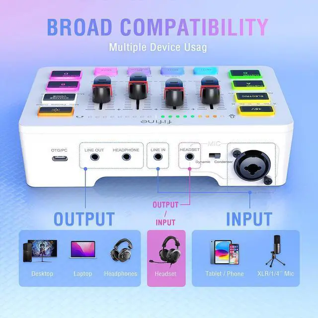 Alt view image 4 of 7 - FIFINE Audio Mixer, Gaming Streaming PC Mixer with Slider Fader, XLR Microphone Interface, Monitoring, for Video/Game Voice/Podcast Recording-AmpliGame