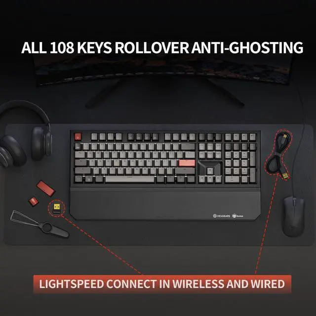 Alt view image 3 of 7 - Wireless Mechanical Keyboard with Kailh Box Blue Switch, Dark Knight Computer Keyboard for Gaming, Typing, Ergonomic 108-key Typewriter Keyboard with Wrist Rest