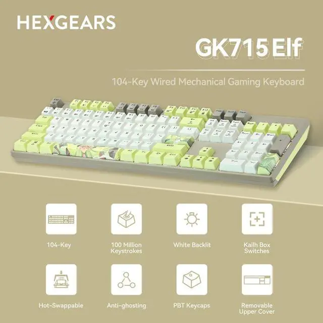 Alt view image 2 of 7 - Elf Themed Mechanical Gaming Keyboard, 104 Keys Full Size Wired Computer Keyboard, White Backlit Gaming Keyboard, Hot Swappable Kailh Rose Red Box Switches, PBT Keycaps