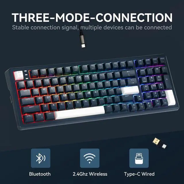 Alt view image 2 of 7 - Wireless Mechanical Keyboard, RGB Backlit Gaming Keyboard, 2.4G Wireless/Bluetooth/Type-C Wired, Hot Swappable Brown Switches, 99-Key Full Size Keyboard with Wrist Rest
