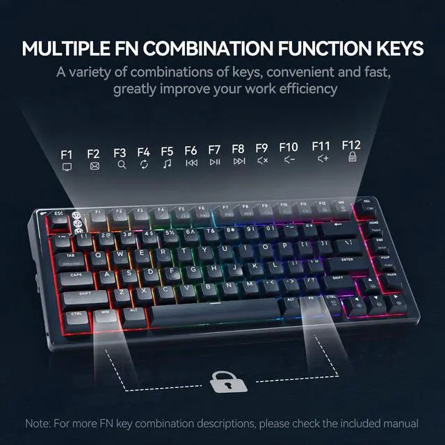 Alt view image 5 of 7 - Three-Mode Mechanical Keyboard, RGB Backlit Gaming Keyboard, 2.4G Wireless/Bluetooth/Type-C Wired, Hot Swappable Red Switches, 83-Key TKL Compact Keyboard with Wrist Rest