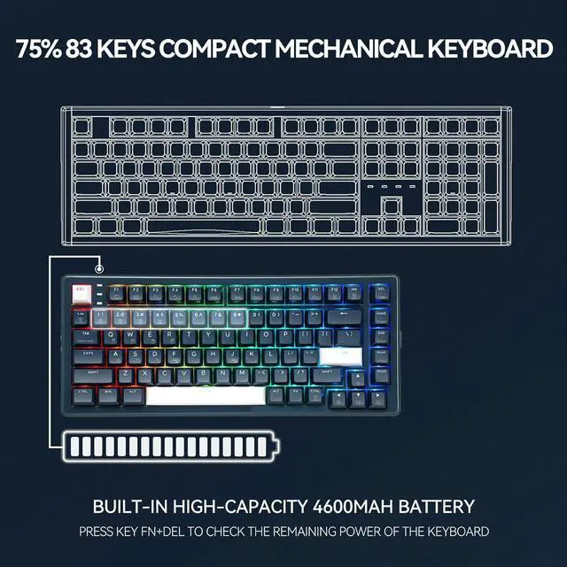 Alt view image 6 of 7 - Three-Mode Mechanical Keyboard, RGB Backlit Gaming Keyboard, 2.4G Wireless/Bluetooth/Type-C Wired, Hot Swappable Red Switches, 83-Key TKL Compact Keyboard with Wrist Rest