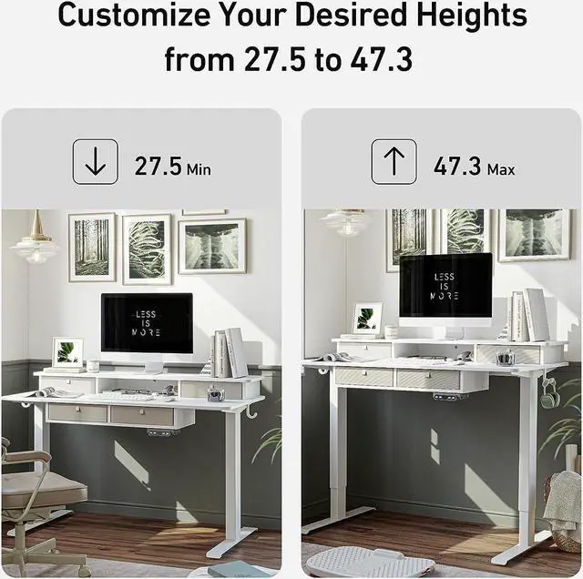Alt view image 2 of 7 - Sturdy Height Adjustable Electric Standing Desk with Drawers, 63 x 24 Inch Stand Up Table with Large Storage Shelf, Sit Stand Desk, White Top