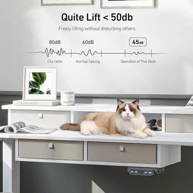 Alt view image 5 of 7 - Sturdy Height Adjustable Electric Standing Desk with Drawers, 63 x 24 Inch Stand Up Table with Large Storage Shelf, Sit Stand Desk, White Top