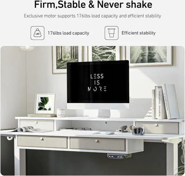 Alt view image 4 of 7 - Sturdy Height Adjustable Electric Standing Desk with Drawers, 63 x 24 Inch Stand Up Table with Large Storage Shelf, Sit Stand Desk, White Top