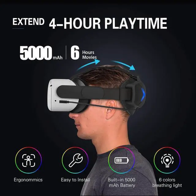 Alt view image 2 of 6 - RGB Comfort Battery Head Strap and Controller Grips Protector Compatible with Oculus/Meta Quest 2 Accessories, Battery Pack Elite Strap 5000mAh for Enhanced Support and Extend Playtime in VR
