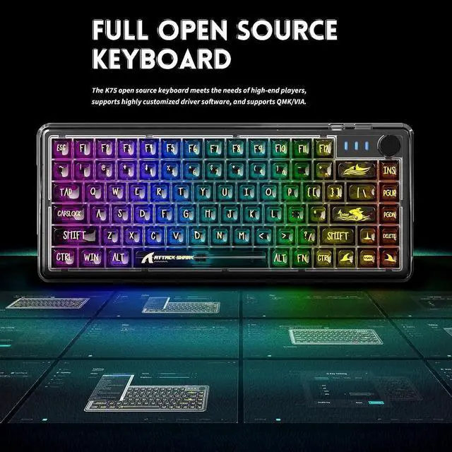Alt view image 7 of 7 - Mechanical Keyboard, Transparent PC Keycaps, Custom RGB Gaming Keyboard, Gasket QMK/VIA Keyboard, Linear Switch, TKL Hot Swappable Wired Keyboard for PC Gamer